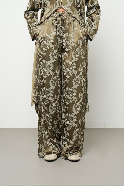 Women's Botanika Khaki Large Floral Patterned Silky Satin Look Palazzo Trousers