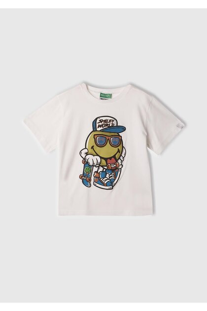 Erkek Çocuk Beyaz Smiley World Baskılı Logo Etiketli T-Shirt