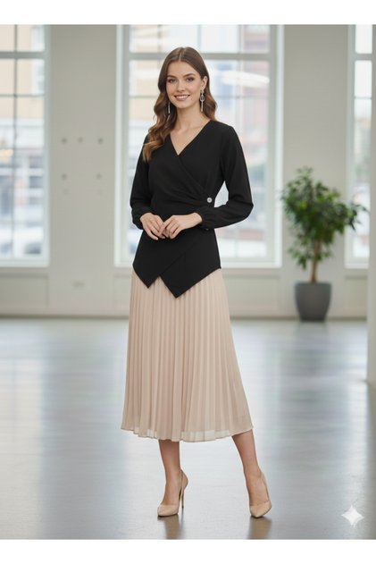 Women's V-Neck Pleated Side Buttoned Asymmetrical Cut Elegant Office Style Blouse