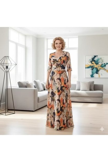 A long women's dress with an elegant design, adorned with a modern artistic pattern in warm and harmonious colors, featuring three-quarter length sleeves.
