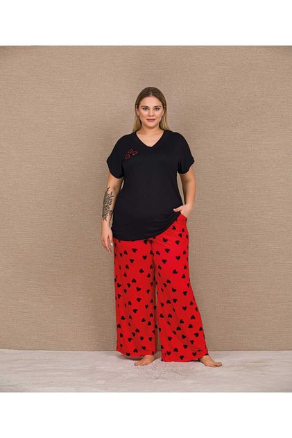 Short Sleeve V-Neck Heart Patterned Oversize Women's Pajama Set