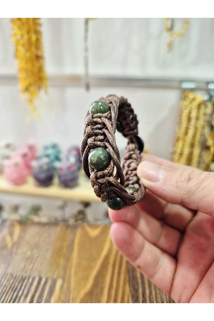 Genuine Jade Stone 10mm Macrame Braided Bracelet - Unisex Natural Stone Design