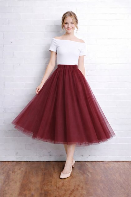 Roșu Claret, 3 straturi, lungime 75 cm, fustă midi pufoasă, cu fermoar, talie elastică, confortabilă, cu talie înaltă, din tul