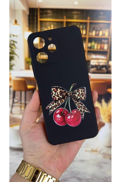 Redmi 12 Compatible Cherry Bow Leopard Pattern Silicone Shock Absorbing Classic Protected Rubber Case
