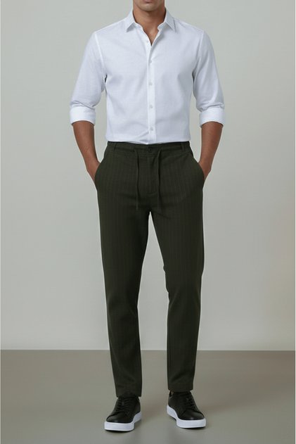 Men's Khaki Woven Striped Jogger Pants, Buttoned Front Placket, Zippered, Back Pockets, Regular Fit