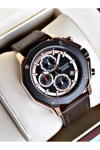 Functional Brown Color Leather Cord Men's Wristwatch