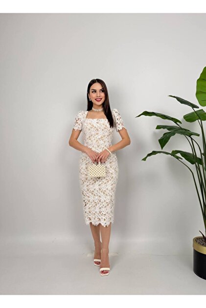 İZYA Women's Short-Sleeve Lace Midi Dress Lined Engagement Civil Wedding Ceremony Invitation Dress