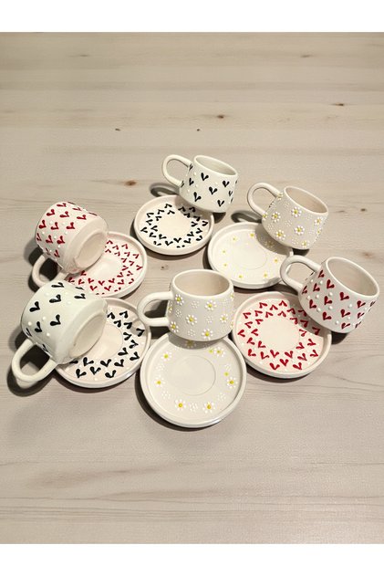 Decorative Black and Red Heart and Daisy Embroidered, Embossed Detail Tea-Coffee Cup 6 item(s)