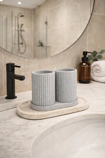 Çiftli Mermer Desenli Banyo Organizeri – Diş Fırçalık & Kozmetik Düzenleyici (Sabit Tabanlı)