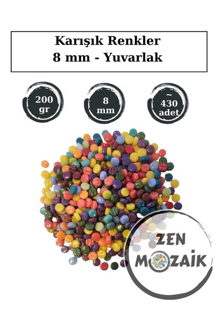 Sanatsal Mozaik Çalışmalarınız için Yuvarlak Cam Mozaik Taşı - Çap 8 mm (200 gram)