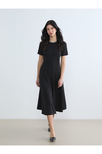 New Season from Güli̇s Gi̇yi̇m^: Black Crew Neck Stone Embroidered A-Line Women's Dress