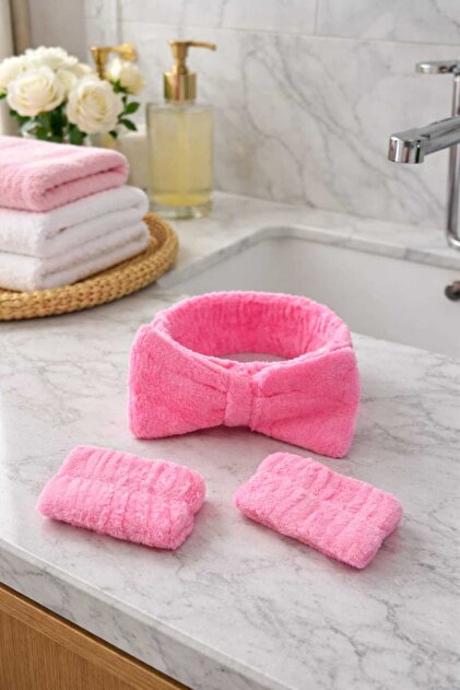 Pink Bow Hair Band/Water Holder Sleeve Set/Makeup Spa Face Wash Towel Accessory Set/Gift