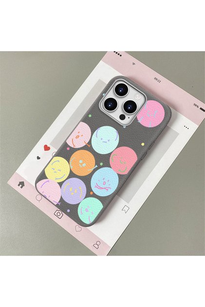 iPhone 16 Pro Max Compatible, Funny Smiley Face Pattern Leather Texture Silicone Phone Case.