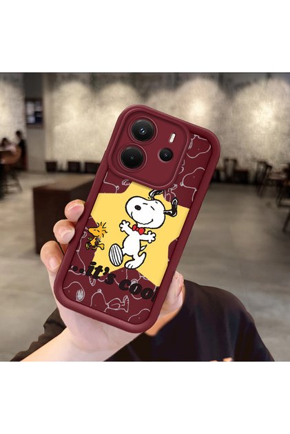 Redmi Note 14 Compatible Impact Protection Lens Protection Claret Red Silicone Case Cute Snoopy Pattern
