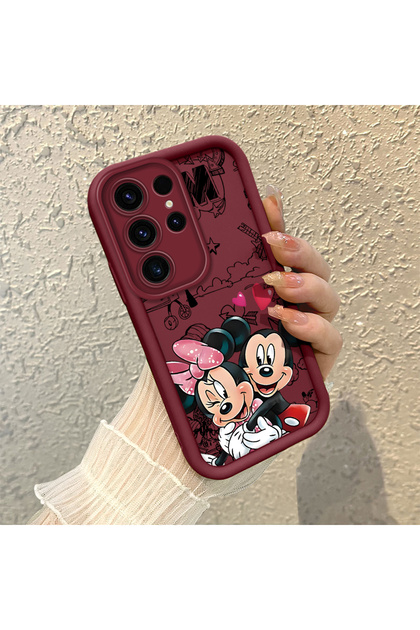 Samsung Galaxy S23 Ultra Compatible Impact Protection Lens Protection Claret Red Silicone Case Mickey Mouse Pattern