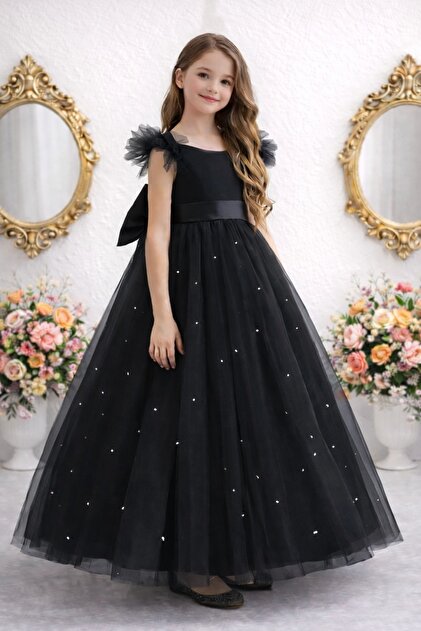 SUNEH Ruffle Sleeves Black Long Pearls Girls Princess Dress Graduation Birthday  Dress- Trendyol