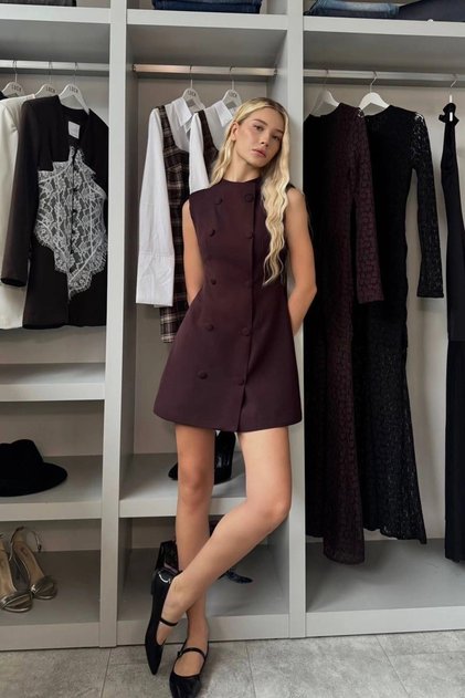 Women's Coffee-Colored Buttoned Jacket Dress 1041-2781