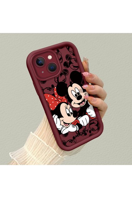 iPhone 14 Compatible Impact Protection Lens Protection Claret Red Silicone Case Mickey Mouse Pattern