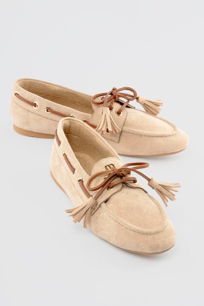 Women's Suede Loafer with Lace-Up Tassel Detail Lumia Beige
