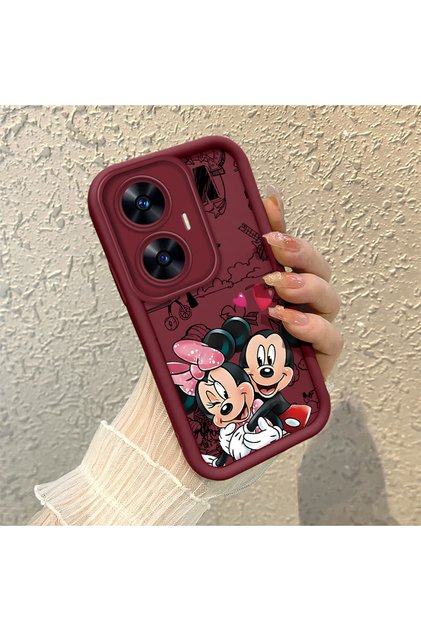 Realme C55 Compatible Impact Protection Lens Protection Claret Red Silicone Case Mickey Mouse Pattern