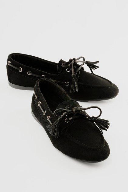 Women's Suede Loafer with Lace-Up Tassel Detail Lumia Black