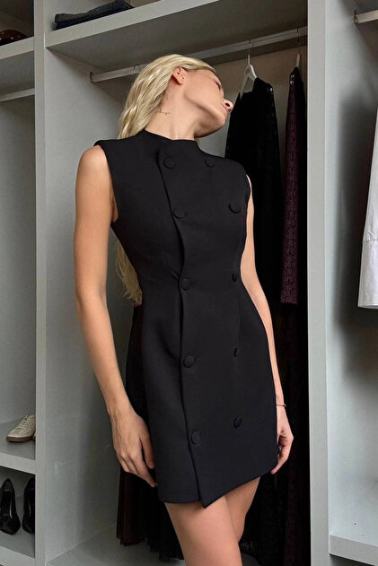 Eka Women's Black Coated Buttoned Jacket Dress 1041-2781- Trendyol Eka Women's Black Coated Buttoned Jacket Dress 1041-2781- Trendyol