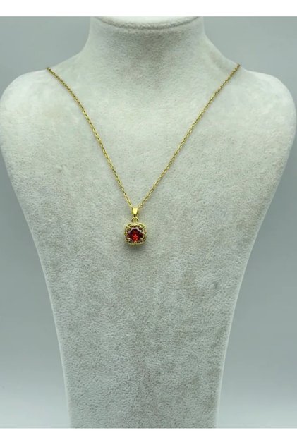 Steel gold single stone necklace with red gemstone - 25-ctr189