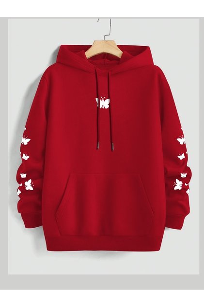 Women's Red Hooded Sweatshirt with Butterfly Print and Pockets, Casual and Comfortable