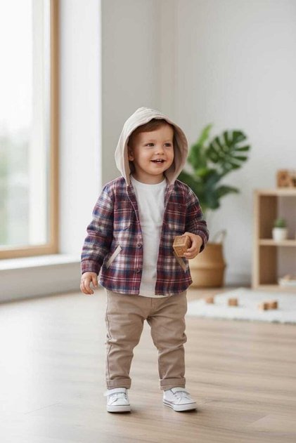 100% Cotton Seasonal Hooded Plaid Pattern Triple Set Pants Shirt T-Shirt Boys 6-24 Months