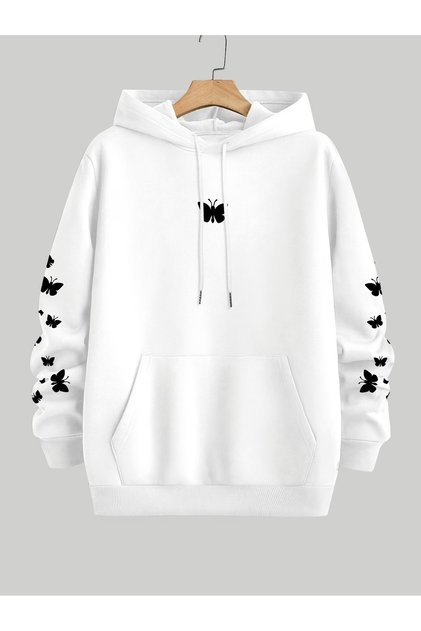 Women's Red Hooded Sweatshirt with Butterfly Print and Pockets, Casual and Comfortable