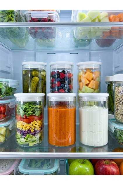 6'lı Beyaz Vakum Kapaklı Çizgi Desen Cam Kavanoz Şeffaf Gövde Gıda Saklama Kabı 850 ml
