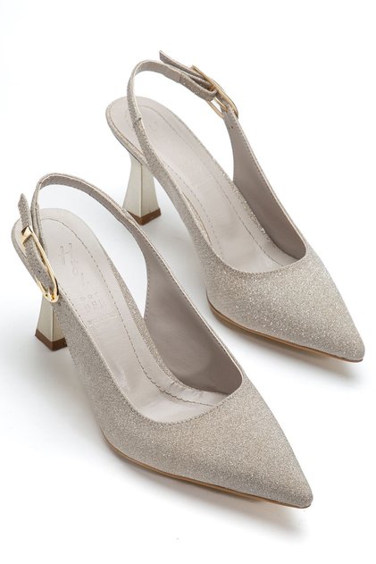 Women's Gold Glittery Open Back Pointed Thin Heeled Shoes