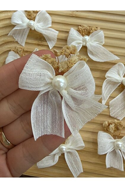 Cipso Floral Cream Linen Bow with Pearl Decoration Ribbon 25 Pieces