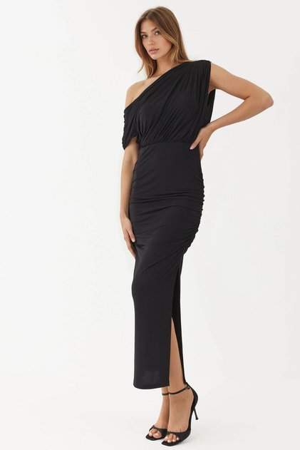 Rochie midi înfășurată cu guler asimetric și elastic, cu crăpături