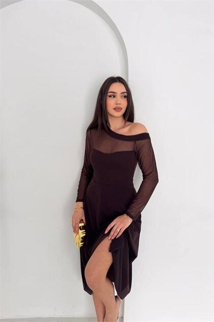 Women's Brown Transparent Detailed One-Shoulder Long-Sleeved Midi Length Dress
