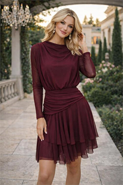 Dipmoda Women's Burgundy Chiffon Fabric Corsage Mini Length Long Sleeve  Shoulder Padded Dress Dpk073- Trendyol