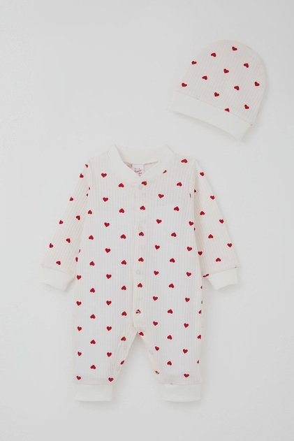 Baby Girl Romper with Booties, Patterned, 0-6 Months, Ecru.