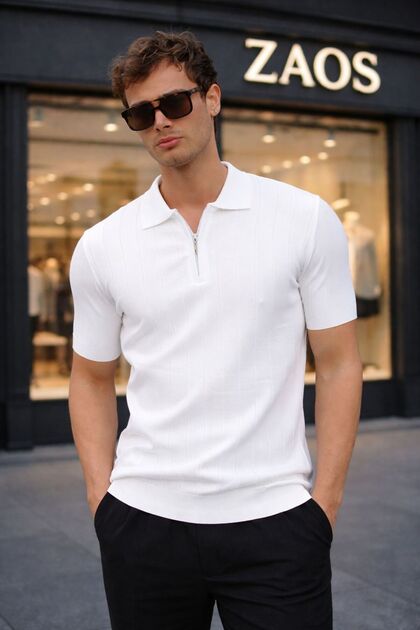 Men's Poloyaka Zippered Basic Knitwear T-Shirt, Comfortable Quality Cotton Ribbed Textured T-Shirt