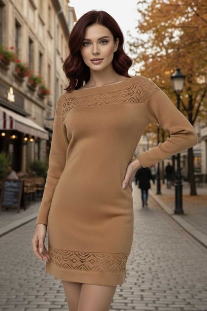 Rochie tricotată de damă, camel, cu guler bărcuță, cu detalii ajurate, cu model din dantelă, cu mâneci lungi, model slim fit