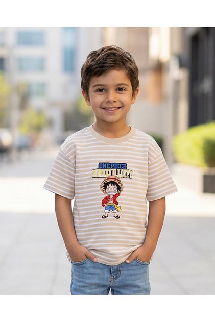 Boys Junior Beige Striped Embroidered Loose Fit T-Shirt