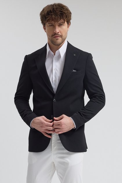 Pique Erkek Siyah Sivri Yaka Esnek Poliviskon Kumaşlı Slim Fit Spor Blazer Ceket