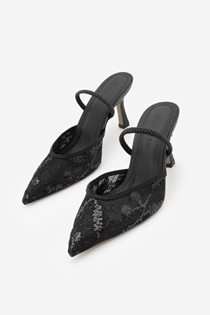 Marjin Women S Stiletto Evening Dress Mesh Sequin Embroidered Lace Classic  Heeled Shoes Efolin Black - Trendyol