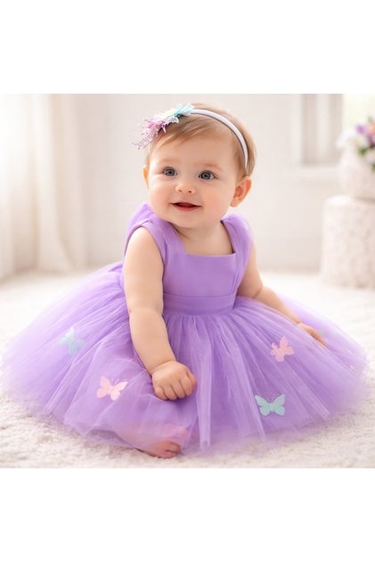Rochiță Satin Fetițe Mov cu Tulle Vapuros și Fluturi Aplicați 3-6 luni, 1 an