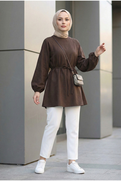 Tencel Fabric Balloon Sleeve Tunic - Brown - Coffee