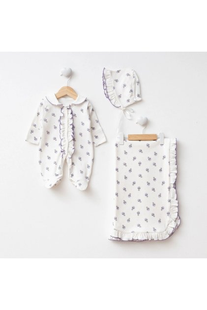 Baby Girl Rompers Set of 3 with Lavender Printed Blanket – Hospital Release