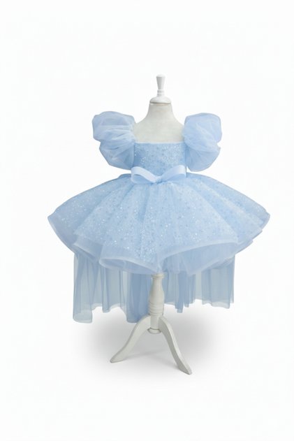 Girl's Blue Tutu Princess Dress, Balloon Sleeve Bowknot Special Occasion Dress