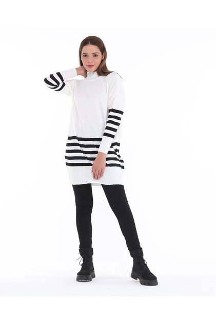 Women's Half Fisherman Stripe Detailed Soft Textured Knitwear Tunic