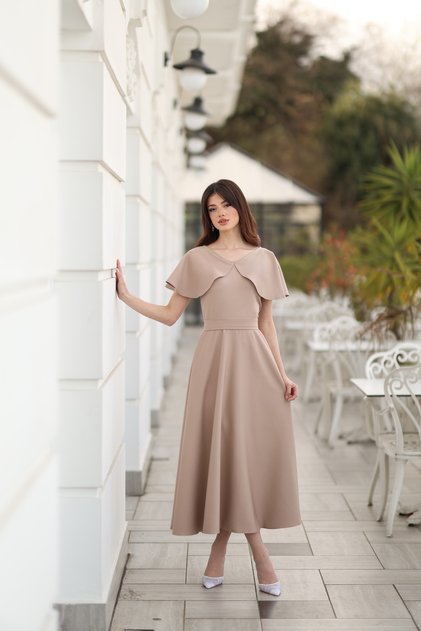 Beige/Cream Women's Elegant V-Neck Dress with Shoulder Detail and Cape for Special Events