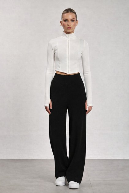 Women's Black High Waist Stretchy Knitwear Wide Leg Palazzo Pants