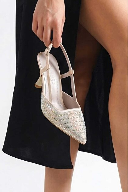 BR-SEN SHOES Oria Gold Satin Stone Open-Back Heeled Evening Dress Stiletto  7.5 cm- Trendyol